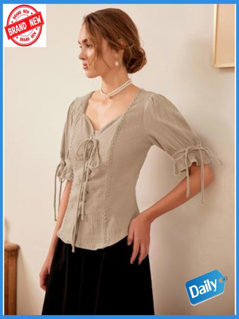 Plus Size Lace-Up Renaissance Blouse Puff Sleeve Peasant Top - Picture 3 of 7